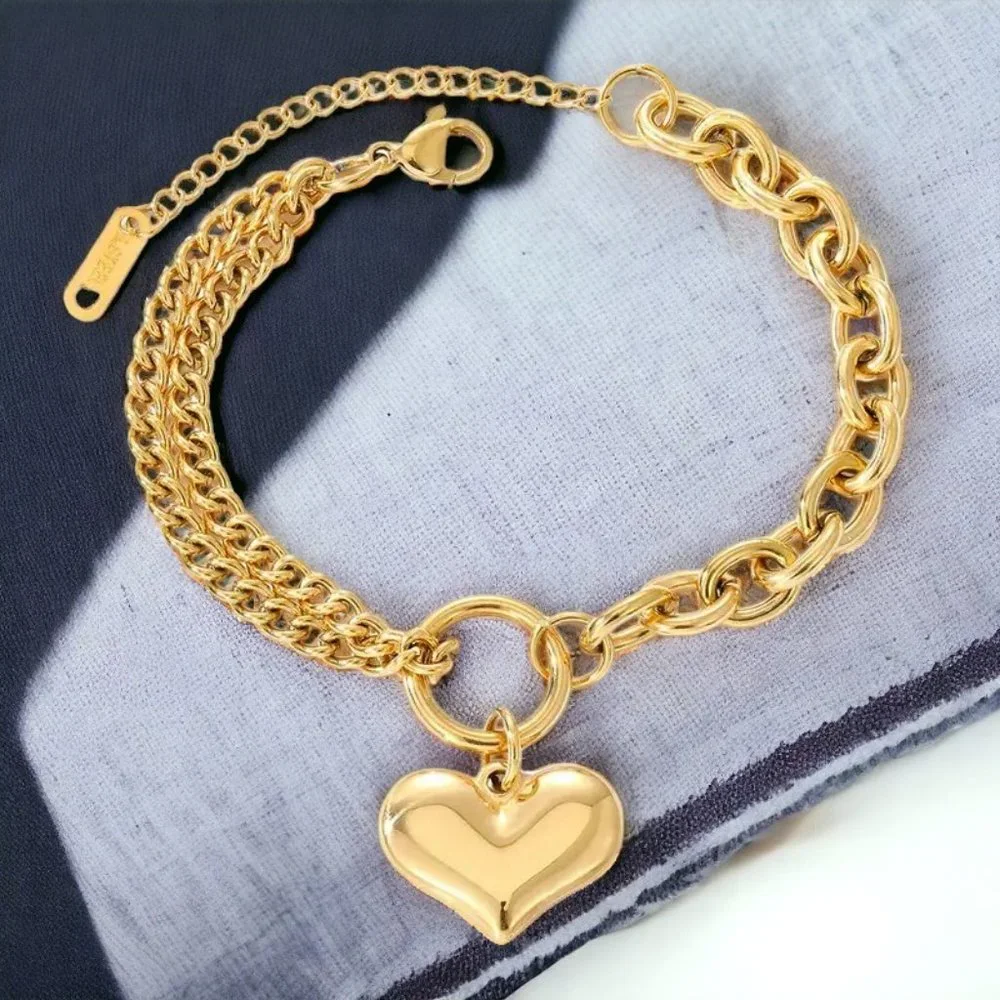🆕️ 18K Gold Plated Stainless Steel Double-Layered Bracelet With Heart💖 Pendant - Picture 5 of 5